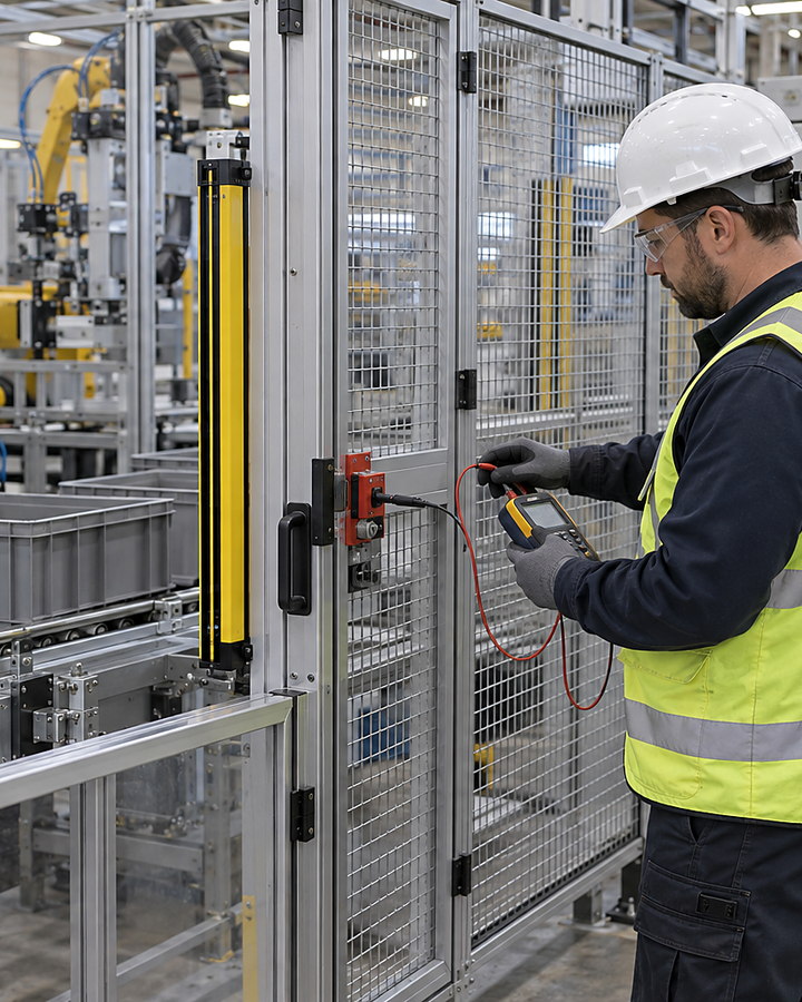 Person holding a handheld device beside a mesh enclosure and roller conveyor.