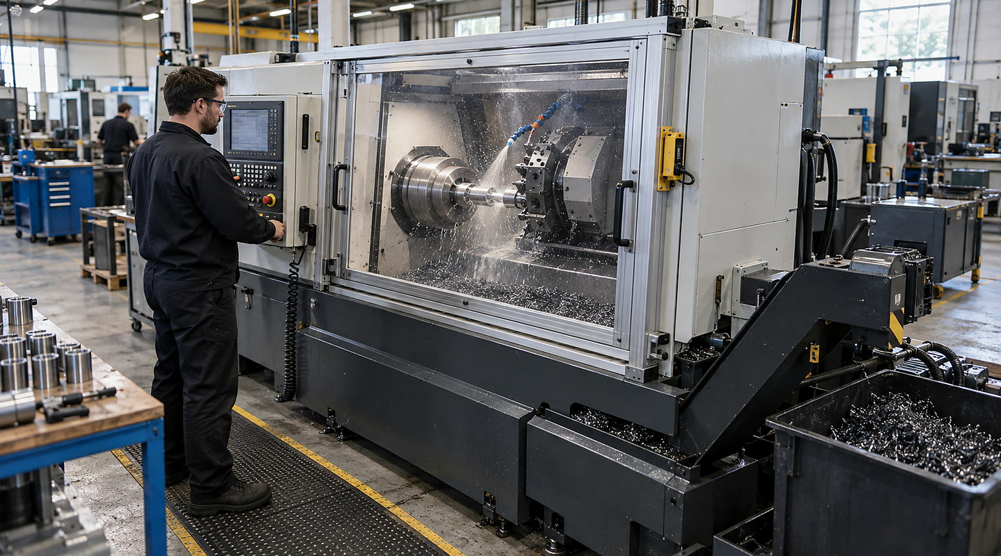 Person beside an enclosed turning machine with a clear front panel and control screen.