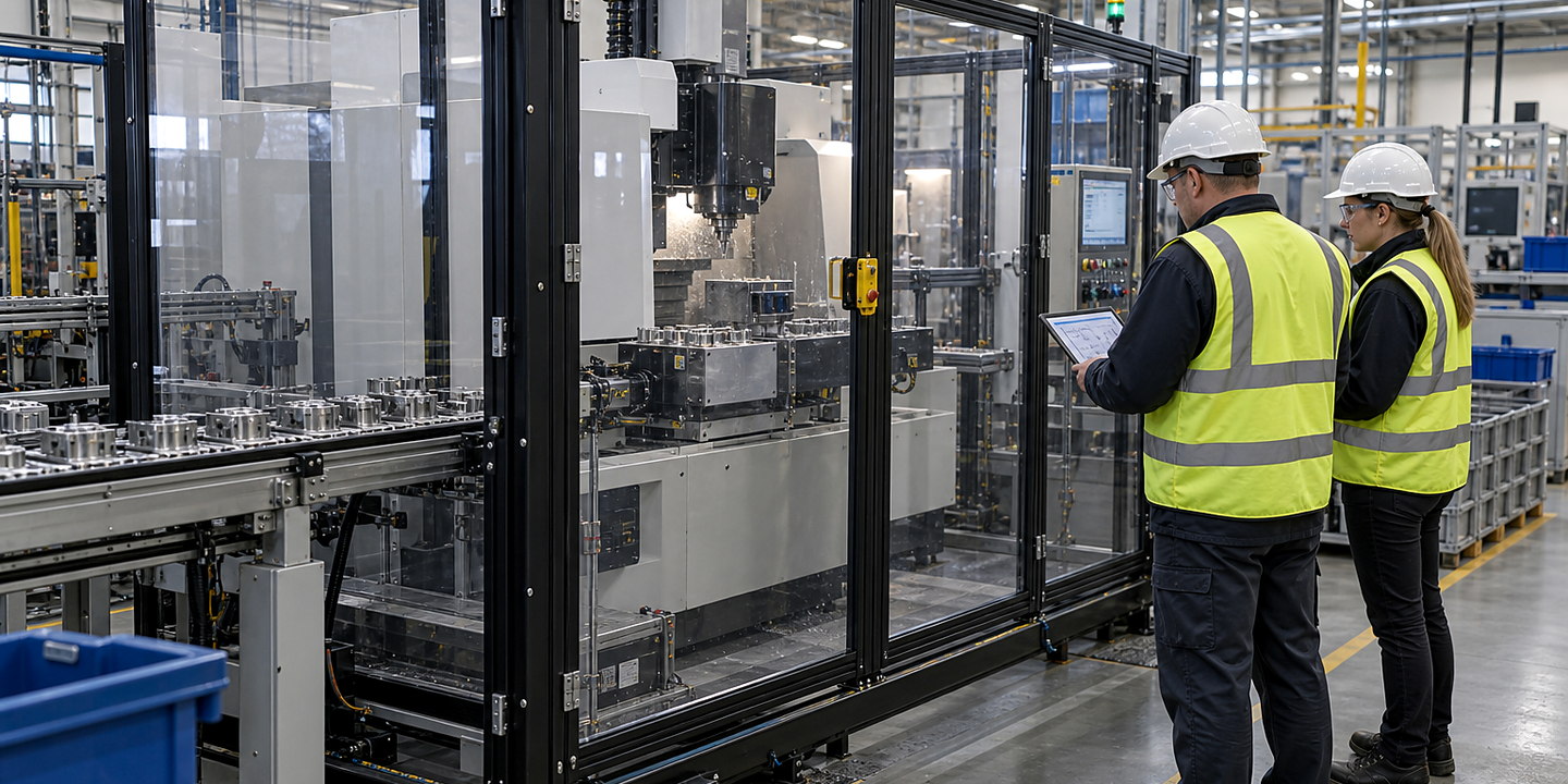 Two people beside machinery enclosed by clear panels and black framing.