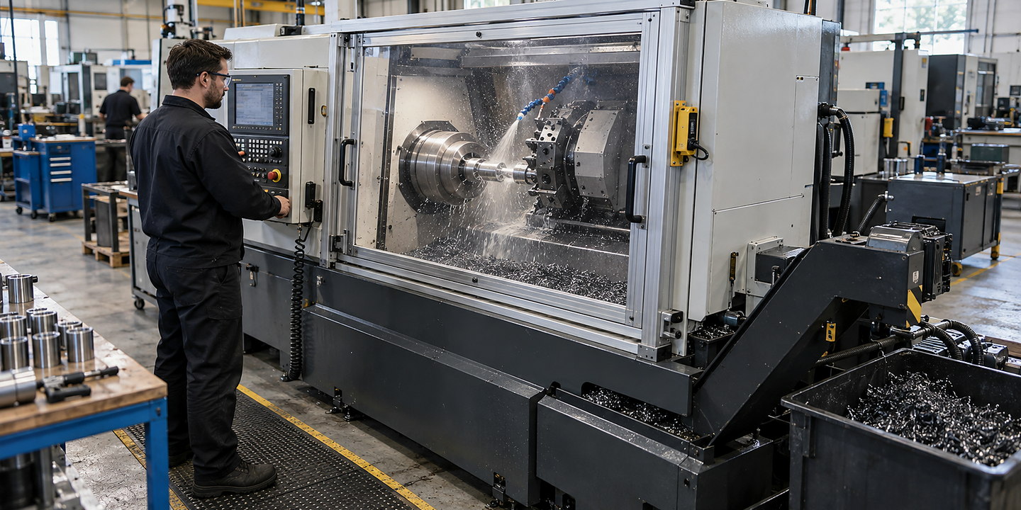 Person beside an enclosed turning machine with a clear front panel and control screen.
